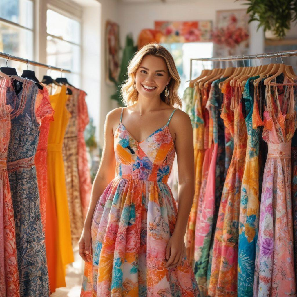 A chic and trendy woman exploring a colorful boutique filled with stylish dresses, showcasing vibrant patterns and textures. She is smiling, holding several dresses, with the sunlight streaming in and reflecting off the dresses, creating a warm, inviting atmosphere. The background features fashion accessories and cheerful decorations to enhance the theme of affordable fashion finds. vibrant colors. super-realistic. bright, airy setting.