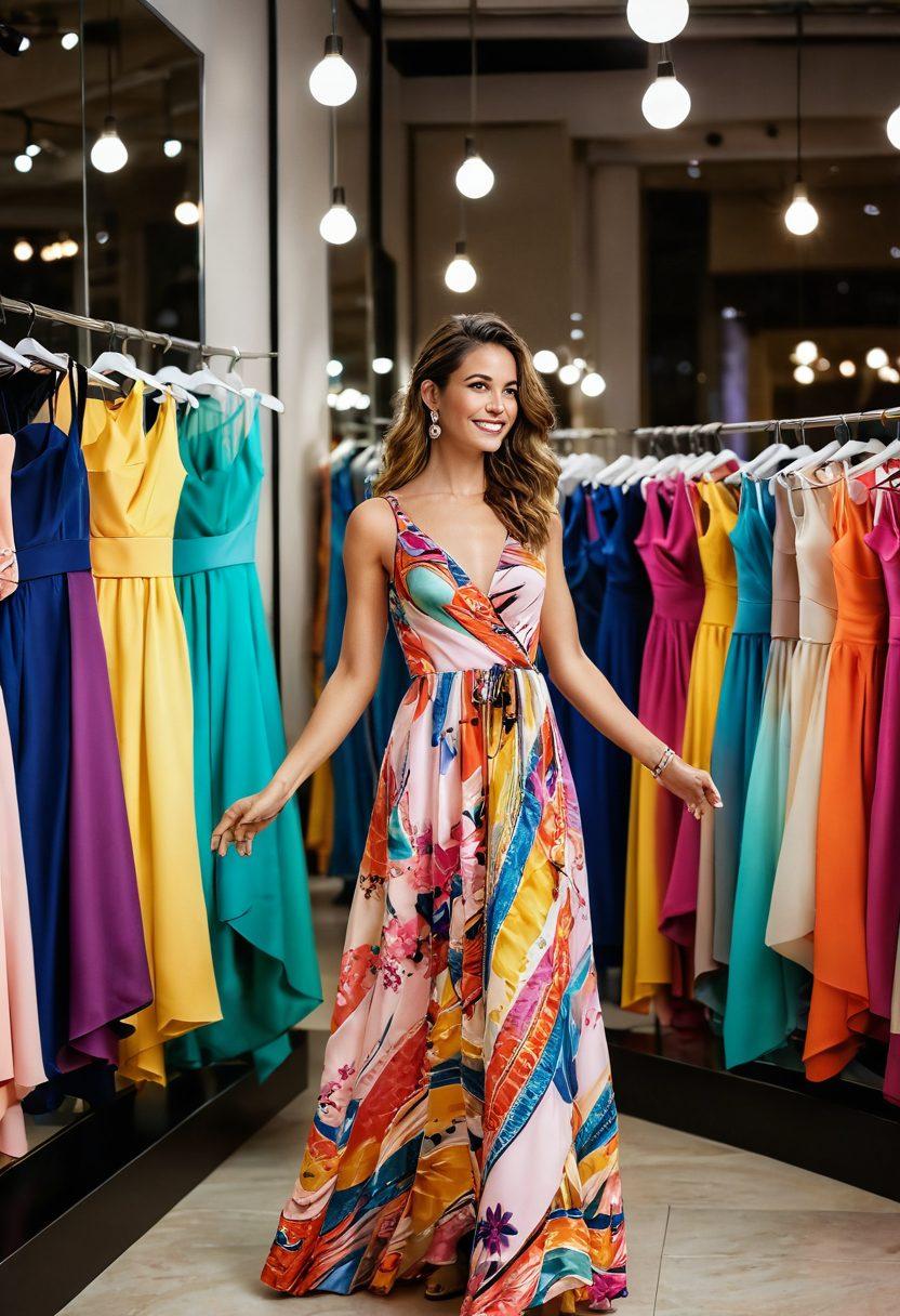 A stylish woman exploring a chic boutique filled with colorful, trendy dresses on display. She is trying on a vibrant dress with flowing fabrics under bright, inviting lights. The boutique is adorned with tasteful decor showcasing fashion elements like accessories and shoes. A mirror reflects her joy, embodying the essence of affordable fashion and personal style. lively and fashionable atmosphere. super-realistic. vibrant colors.